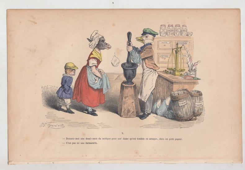 LES METAMORPHOSES DU JOUR : GRAVURE ANCIENNE COULEURS CARICATURE - "Donnez moi une demi-once du m&eacute;tique pour not'dame qu'est tomb&eacute;e en attaque, dans ...