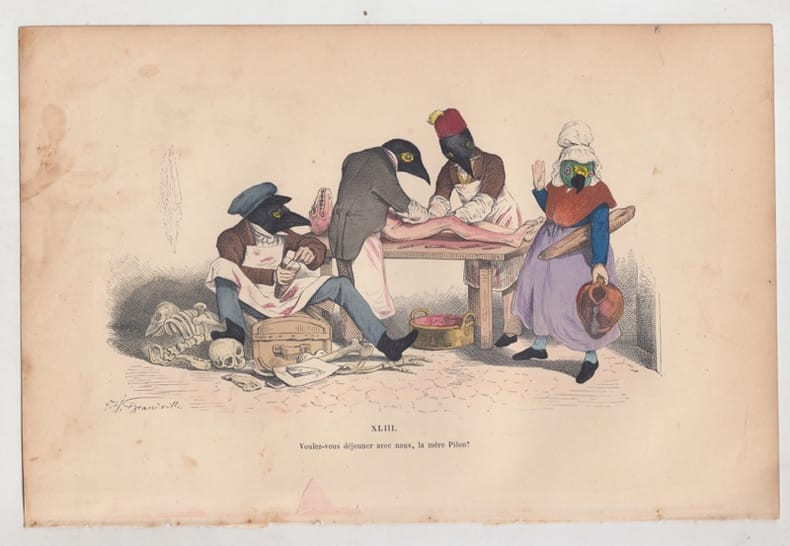 LES METAMORPHOSES DU JOUR : GRAVURE ANCIENNE COULEURS CARICATURE - "Voulez vous d&eacute;jeuner avec nous, la m&egrave;re Pilon ? ". . GRANDVILLE ...