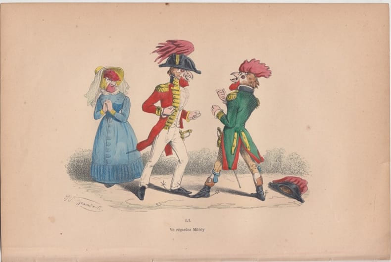 LES METAMORPHOSES DU JOUR : GRAVURE ANCIENNE COULEURS CARICATURE - "Vo regardez Mil&eacute;dy".. GRANDVILLE (Jean-Ignace-Isidore G&eacute;rard, dit).