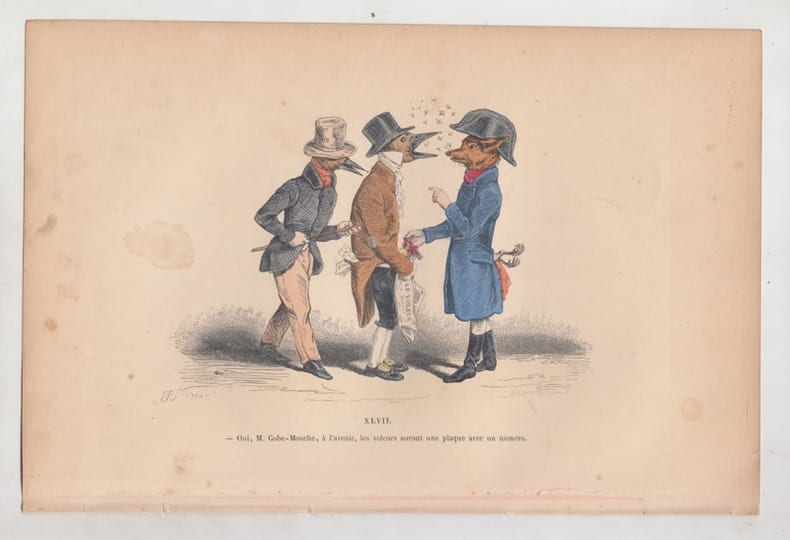 LES METAMORPHOSES DU JOUR : GRAVURE ANCIENNE COULEURS CARICATURE - "Oui, M. Gobe Mouche &agrave; l'avenir, les voleurs auront une plaque avec un num&eacute;ro" . . ...