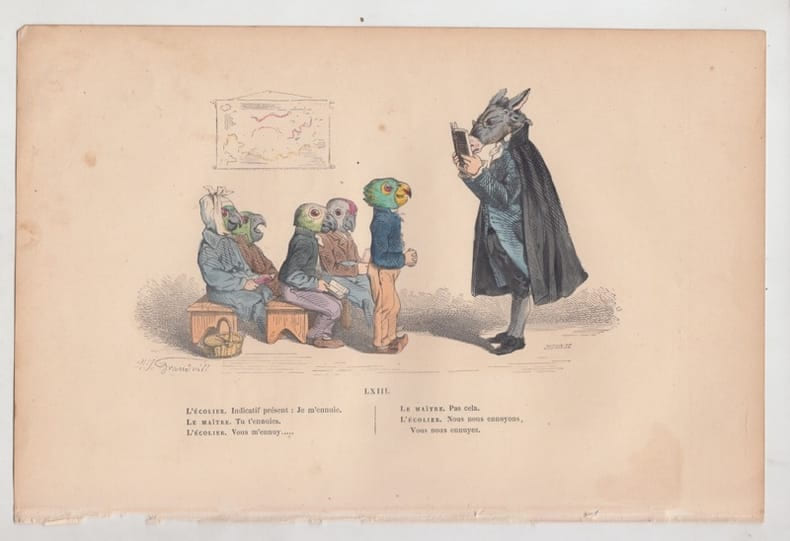 LES METAMORPHOSES DU JOUR : GRAVURE ANCIENNE COULEURS CARICATURE - "l'&eacute;colier et le ma&icirc;tre".. GRANDVILLE (Jean-Ignace-Isidore G&eacute;rard, dit).