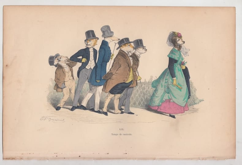 LES METAMORPHOSES DU JOUR : GRAVURE ANCIENNE COULEURS CARICATURE - "Temps de canicule".. GRANDVILLE (Jean-Ignace-Isidore G&eacute;rard, dit).