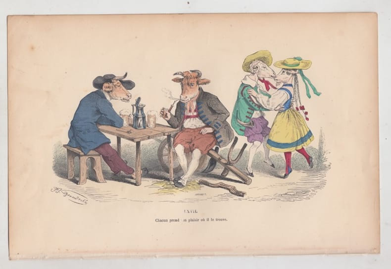 LES METAMORPHOSES DU JOUR : GRAVURE ANCIENNE COULEURS CARICATURE - "Chacun prend son plaisir o&ugrave; il le trouve".. GRANDVILLE (Jean-Ignace-Isidore ...