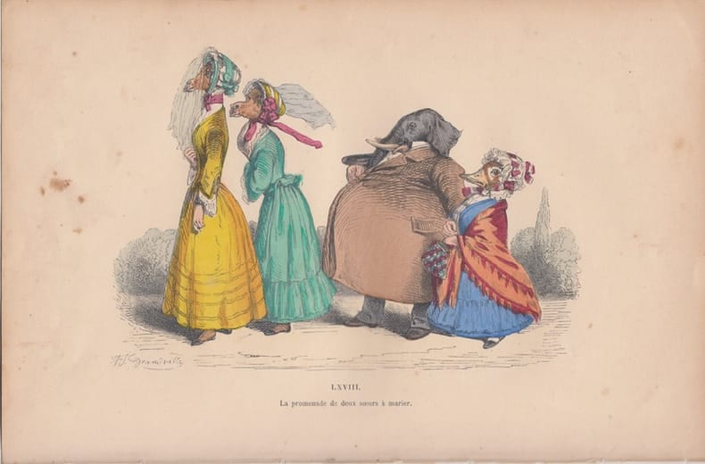 LES METAMORPHOSES DU JOUR : GRAVURE ANCIENNE COULEURS CARICATURE - "La promenade de deux soeurs &agrave; marier".. GRANDVILLE (Jean-Ignace-Isidore G&eacute;rard, ...