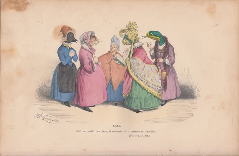 LES METAMORPHOSES DU JOUR : GRAVURE ANCIENNE COULEURS CARICATURE - "Oh ! c'est positif ma ch&egrave;re, la recherche de la paternit&eacute; est interdite" .. ...