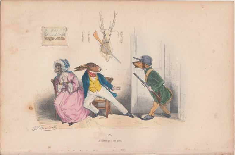 LES METAMORPHOSES DU JOUR : GRAVURE ANCIENNE COULEURS CARICATURE - "Le li&egrave;vre pris au gite".. GRANDVILLE (Jean-Ignace-Isidore G&eacute;rard, dit).