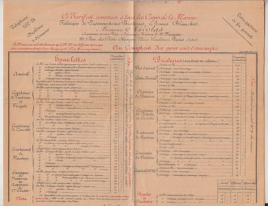 Maurice Nicolas 82, rue des Petits champs-  tarif passementeries,broderies,armes blanches