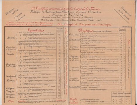 Maurice Nicolas 82, rue des Petits champs- tarif passementeries,broderies,armes blanches. Maurice Nicolas