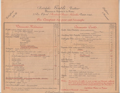 Maurice Nicolas 82, rue des Petits champs-  tarif passementeries,broderies,armes blanches