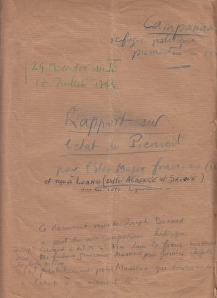 Rapport sur l'etat du Piemont pour l'etat- major fran&ccedil;ais; 17 juillet 1794, manuscrit. CAMPANNA - Arm&eacute;e d'Italie