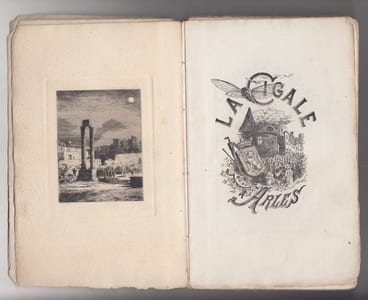 (La) Cigale à Arles. Fêtes arlésiennes de la Cigale en septembre 1877. Documents recueillis par M. Léopold Aparicio, avec une préface de M. Henri de Bornier,.. eau forte de Maùrou.