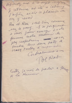 Lettre autographe signée à RICHTER (Charles de). Pol RAB (1898-1933) - Pol Rab