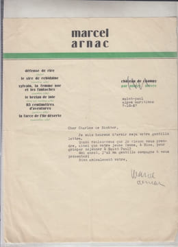 Lettre tapuscrite signée à Charles deRICHTER.. Marcel ARNAC