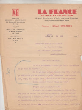 Lettre en partie autographe signée a Charles de RICHTER à l'entete du journal La France de Nice et du Sud-Est : grand quotidien d'informations. 1926 ...