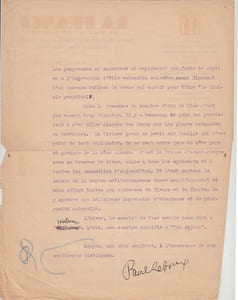 Lettre en partie autographe signée a Charles de RICHTER à l'entete du journal La France de Nice et du Sud-Est : grand quotidien d'informations. 1926 -1930