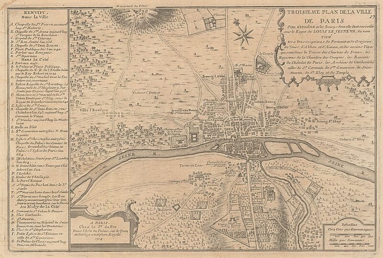 Troisieme plan de la ville de Paris, son étendue et les bourgs dont elle étoit environée : tiré des descriptions de Fortunat et de Gregoire de Tours ...