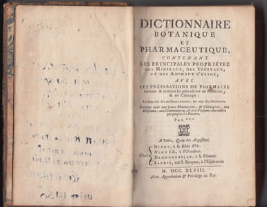 DICTIONNAIRE BOTANIQUE ET PHARMACEUTIQUE, contenant les principales propriétéz des Minéraux, des Végétaux et des Animaux d'usage, avec les préparations de pharmacie internes et externes les plus usités en médecine et en chirurgie.- Exemplaire de Léo LARGUIER (1924) - (La Grand-Combe 1878 - 1950) - Ecrivain français- ENVOI autographe de Léo LARGUIER à son médecin, daté fevrier 1950, en cadeau.