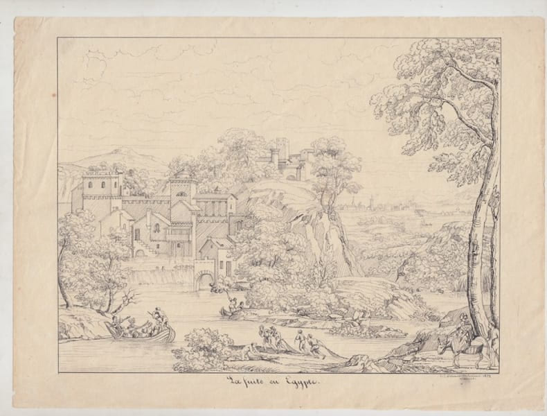 La fuite en Egypte, dessin original ancien &agrave; la plume noire sign&eacute;. Charles Fortun&eacute; Louis Brunet-Debaines (1801-1862), architecte 