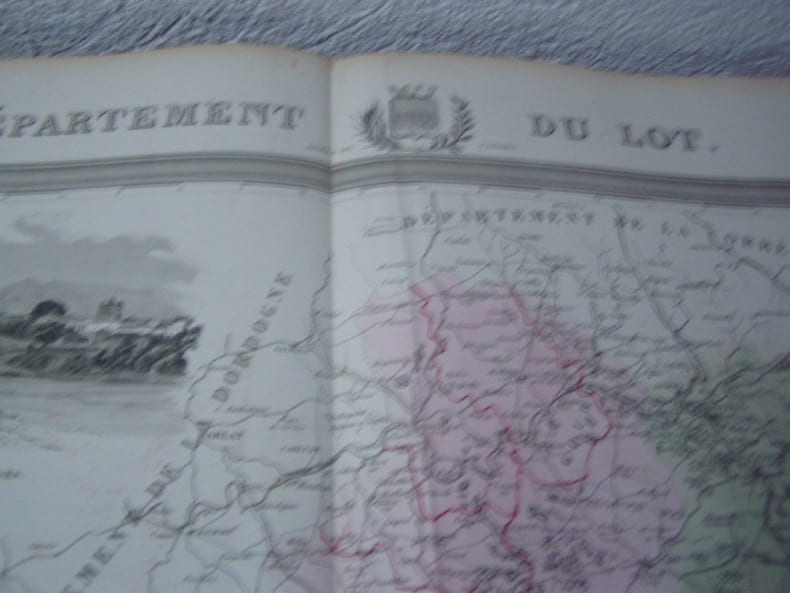 Carte du D&eacute;partement du LOT avec vue de Cahors  dr&eacute;ss&eacute;e par Donnet. Alexis Donnet DONNET ,FREMIN et LEVASSEUR ou DONNET and MONIN