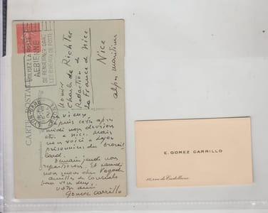 Carte postale manuscrite signée à Charles de Richter et carte de visite