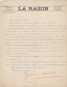 Lettre tapuscrite signée à Charles de Richter à l'entete de LA RAZON