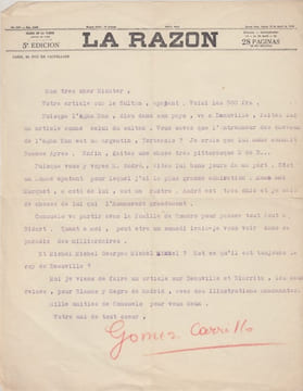 Lettre tapuscrite signée à Charles de Richter à l'entete de LA RAZON. Enrique Gómez Carrillo