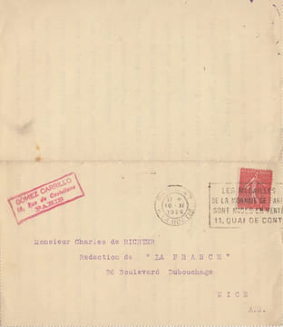 Lettre tapuscrite signée à Charles de Richter avec ratures. Enrique Gómez Carrillo