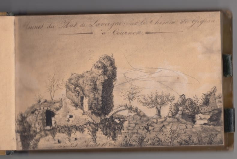 Carnet d'artiste anonyme - ALBUM DE DESSINS ANCIENS originaux fleurs, paysages,ruines de Cournon  ;  etc. ANONYME