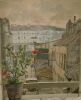 Aquarelle originale représentant une rue animée de Paris, vue d'une fenêtre du second étage, un géranium étant posé sur le rebord.. PIOT ( attribué à ...