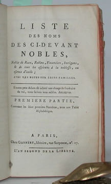 Réunion d'ouvrages sur la période révolutionnaire : Vrai miroir de la noblesse. Regardez-y, Bourgeois. 61 pp - Liste des noms des ci-devant nobles, ...
