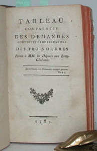Réunion d'ouvrages sur la période révolutionnaire : Vrai miroir de la noblesse. Regardez-y, Bourgeois. 61 pp - Liste des noms des ci-devant nobles, nobles de race, robins, financiers, intrigans, et de tous les aspirans à la noblesse, ou escrocs d'icelle ; avec des notes sur leurs familles. Première et deuxième parties (sur 3), XXXII N°, 1793 - Tableau comparatif des demandes contenues dans les cahiers des trois ordres remis à MM. les députés aux Etats-Généraux, 1789. 196pp. - Testament de mort de Messire Thomas de Mahy de Favras, 16 pp. - Mémoire de M. de Latude, ingénieur, 1789, 31 pp.- Abrégé de la procédure criminelle instruite au Chatelet de Paris, 1790. 78 pp.