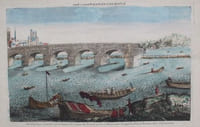 Vue d'optique nouvelle représentant les ruines du Pont de pierre à Roüen, avec le superbe Pont de Bateaux dans l'éloignement.