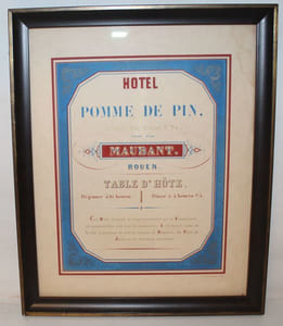 Hôtel de la Pomme de Pin. Grande Rue St Jean N°24 tenu par Maubant, Rouen. Table d'hôte. Déjeuner à 10 heures - Dîner à 4h 3/4. Cet Hôtel, fréquenté de temps immémorial par les Commerçants, est également bien situé pour les promeneurs. Il est dans le centre de la ville, à proximité de tous les bureaux de Diligences, du Palais de Justice et des principaux monuments.