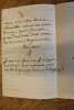 Lettre  "&agrave; "Mon cher ancien Ministre" tr&egrave;s certainement Fran&ccedil;ois Guizot.. LOUIS PHILIPPE.