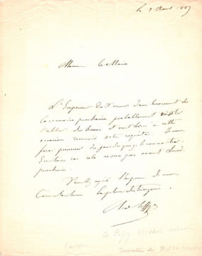 L.A.S., 1 pages in-4, (270 x 210), adressées à Charles-François Verd de Saint-Julien, le 2 Août 1869.. Jean-Baptiste VERCHÈRE DE REFFYE