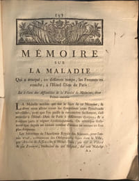 Mémoire sur la maladie qui a attaqué, en différens (sic) temps, les Femmes en couche, à l’Hôtel-Dieu de Paris. 