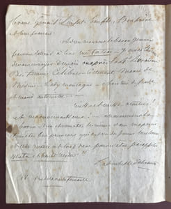 2 L. A. S., l’une écrite à Paris le 5 août, 1 page in-12 (166 x 120), signée « L. Junot Dsse d’Abrantès », adressée au général et futur maréchal Étienne Maurice Gérard (1773-1852) ; l’autre du 1er février 1835, 2 pages in-4, signée « La duchesse d’Abrantès », adressée à un baron.