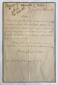 2 L. A. S., l’une écrite à Paris le 5 août, 1 page in-12 (166 x 120), signée « L. Junot Dsse d’Abrantès », adressée au général et futur maréchal Étienne Maurice Gérard (1773-1852) ; l’autre du 1er février 1835, 2 pages in-4, signée « La duchesse d’Abrantès », adressée à un baron.