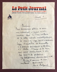 L.A.S de Claude Delpeuch à Jean-Louis Barrault, datée du 5 novembre 1938, (270 x 210), à l’en-tête du périodique Le Petit Journal, avec son enveloppe en couleurs.