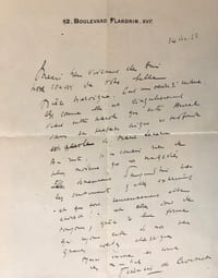 L.A.S., 1 pages in-4, (270 x 210), adressée à Alfred Mortier, le 14 décembre 1923, sur papier à l’adresse du 12, boulevard Flandrin XVIe, accompagnée de son enveloppe timbrée.