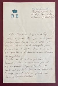 L.A.S. à Anatole Bouquet de la Crye, le samedi 17 Août 1907 à Vaud en Suisse.