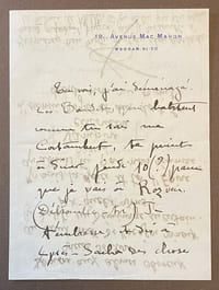 Lettre autographe signée, le 5 juin 1914, 3 pages in-12 : 149 x 112, sur papier à lettre à l’en-tête du 19, avenue Mac Mahon – Wagram 91-50, accompagnée de son enveloppe timbrée à la date du 5 juin 1914.