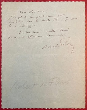 Carte pneumatique autographe signée, 21 avril 1922, à Charles Dettelbach.. FLERS. Robert de.