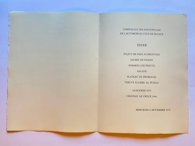 Menu original illustré d'une eau-forte d'Aymar de LÉZARDIÈRE.