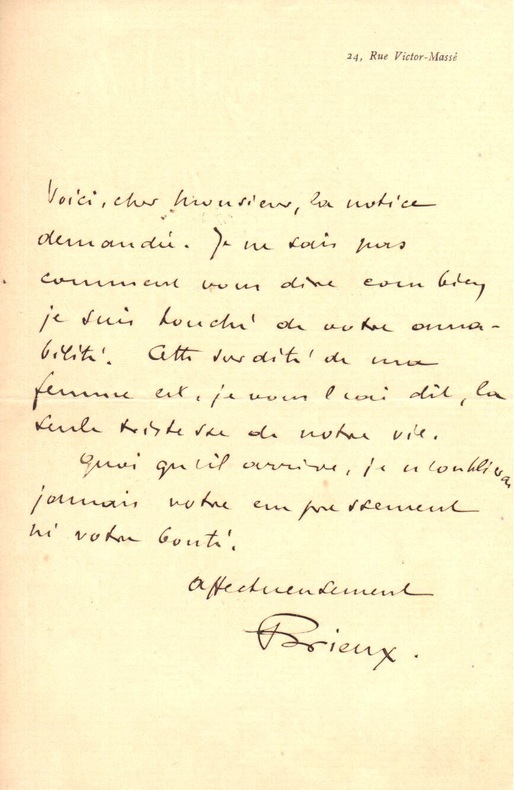 Lettre autographe signée.. BRIEUX, Eugène.