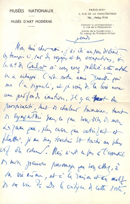 L.A.S., 2 pages in-8, (210 x 134), sur papier à en-tête des Musées Nationaux-Muse d’Art Moderne, adressées à Guy Dupré, un jeudi.. CASSOU, Jean.