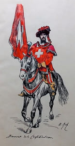 Costumes du cortège historique. 15 et 19 septembre 1887, à Neuchâtel. A l'occasion de la Vème exposition suisse d'agriculture. Croquis par Auguste Bachelin.