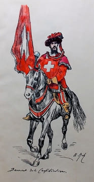 Costumes du cortège historique. 15 et 19 septembre 1887, à Neuchâtel. A l'occasion de la Vème exposition suisse d'agriculture. Croquis par Auguste ...