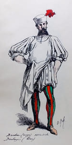 Costumes du cortège historique. 15 et 19 septembre 1887, à Neuchâtel. A l'occasion de la Vème exposition suisse d'agriculture. Croquis par Auguste Bachelin.