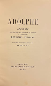 Adolphe. Anecdotes trouvées dans les papiers d'un inconnu.... [CIRY] - CONSTANT (Benjamin)